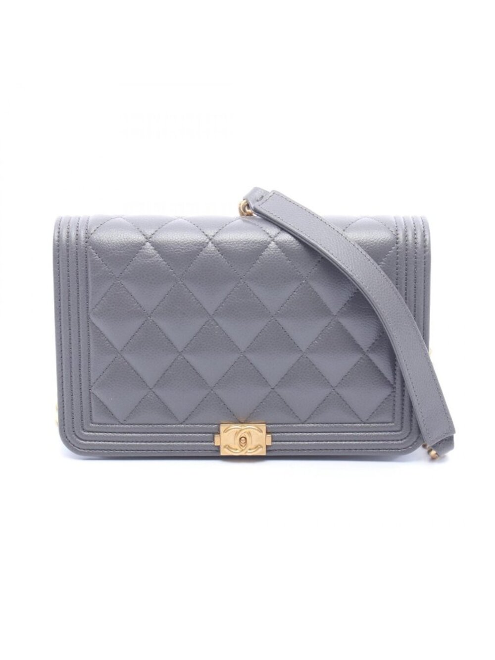 Chanel Shoulder Bag Quilted Gray Caviar Leather Chain Wallet
